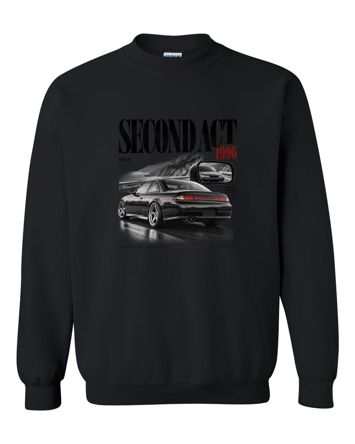 Editorial headline layout of a Nissan Silvia S14 kouki with Second Act, 1996 and projector headlights lettering black crewneck front view with the design