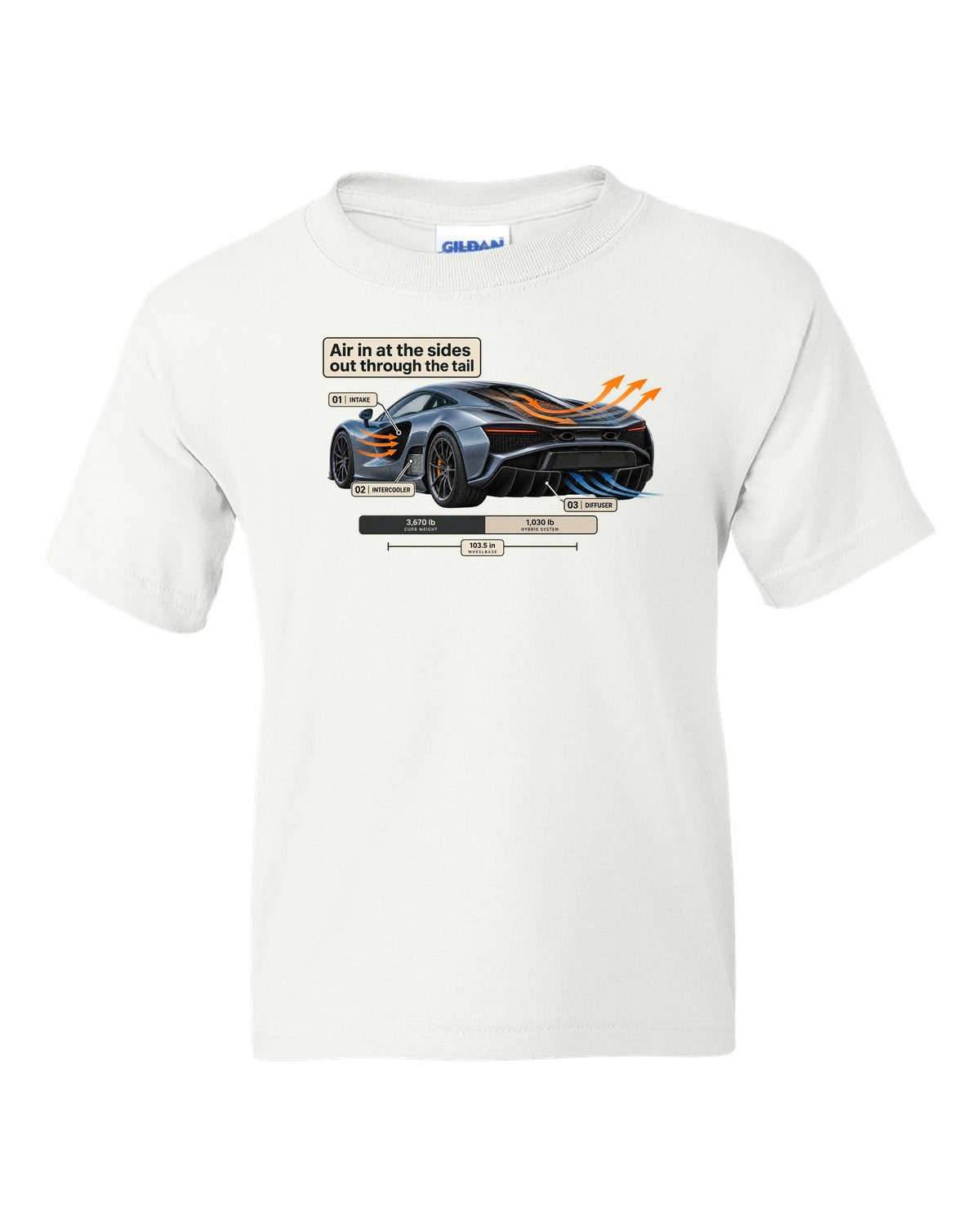 Aero cutaway print of a 2019 Acura NSX NC1 with airflow callouts white kids tee front view with the design