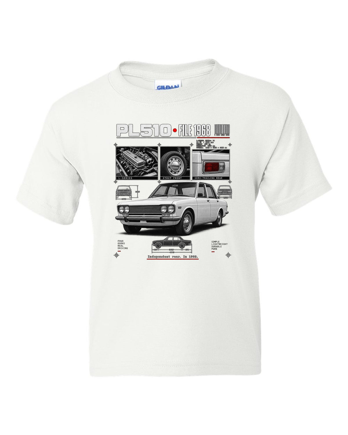Dossier panel print of a Datsun PL510 sedan and wagon with suspension notes white kids tee front view with the design