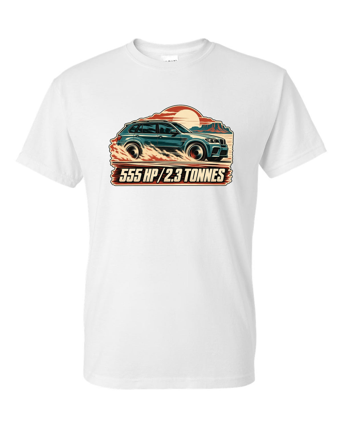 Vintage race poster print of a BMW X5 M E70 with 555 HP lettering white t-shirt front view with the design