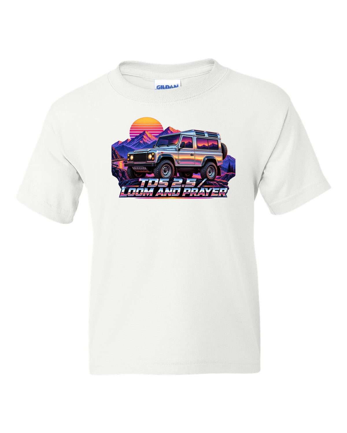 80s airbrush chrome art of a Land Rover Defender 110 Td5 on a sunset mountain pass white kids tee front view with the design