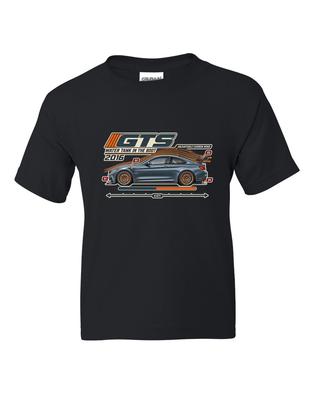 BMW M4 GTS F82 aero cutaway with callouts print black kids tee front view with the design