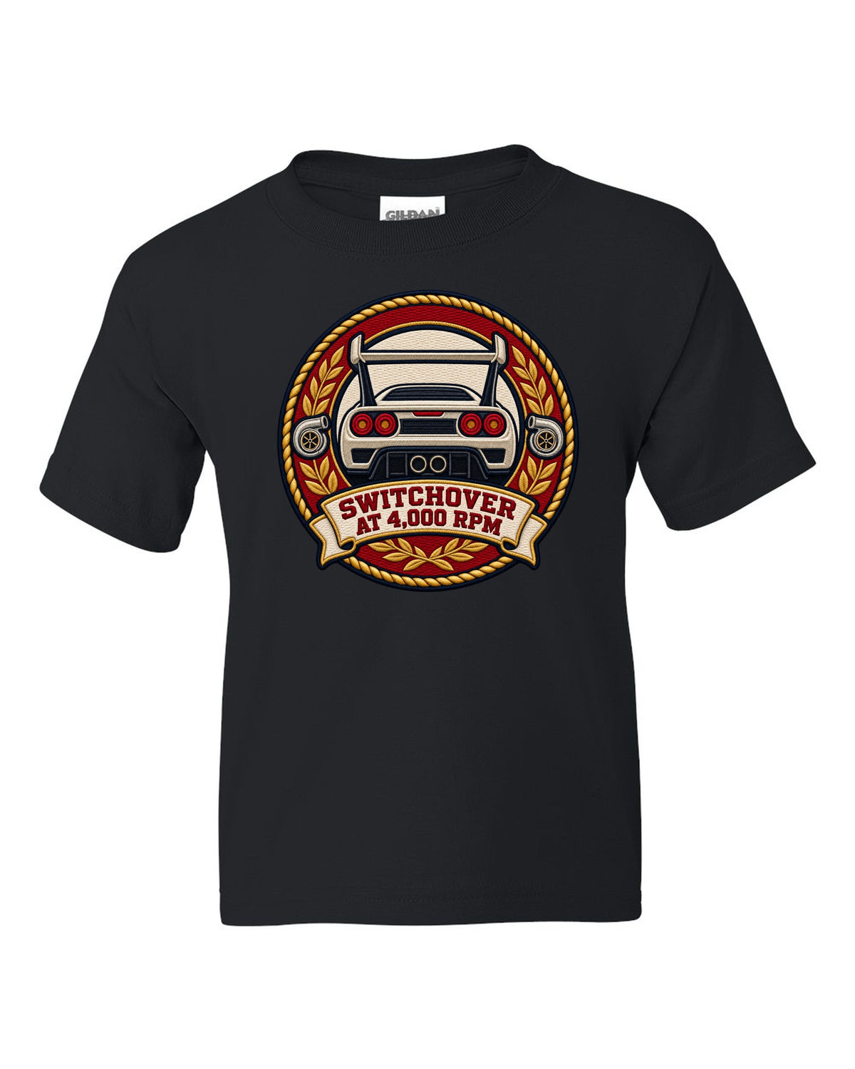 Varsity crest design for the Toyota Supra A80 JZA80 twin turbo black kids tee front view with the design