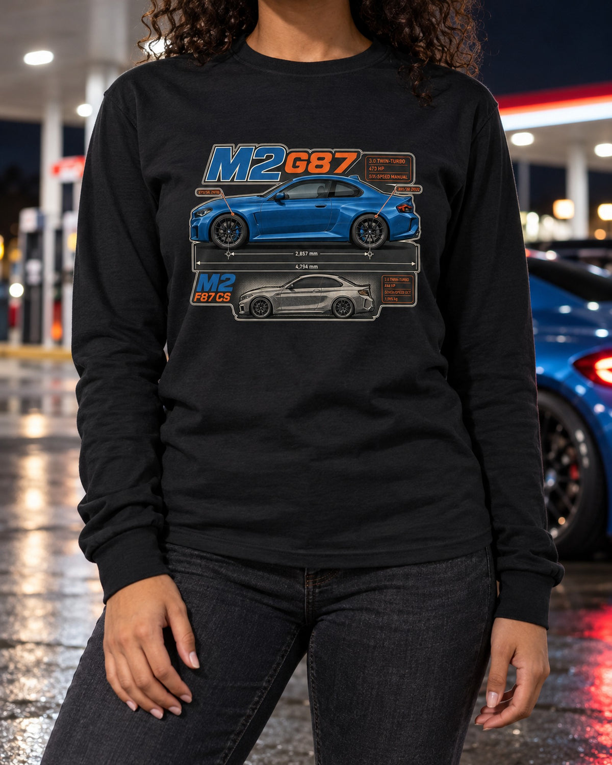 BMW M4 G82 Dimension Blueprint Shirt, Six-Speed Manual Car Tee Long Sleeve Black worn hero