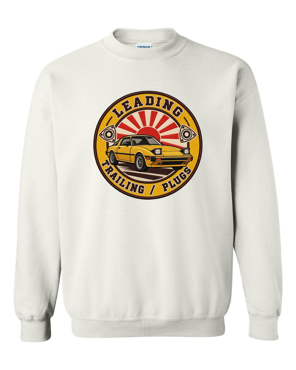 Embroidery-style roundel crest of a Mazda RX-7 SA22C with rotary plug text white crewneck front view with the design