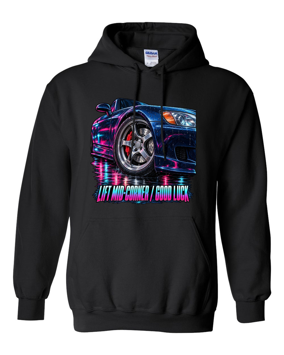 Cinematic macro painting print of a Honda S2000 AP1 cornering with lift mid-corner good luck text black pull over hoodie front view with the design