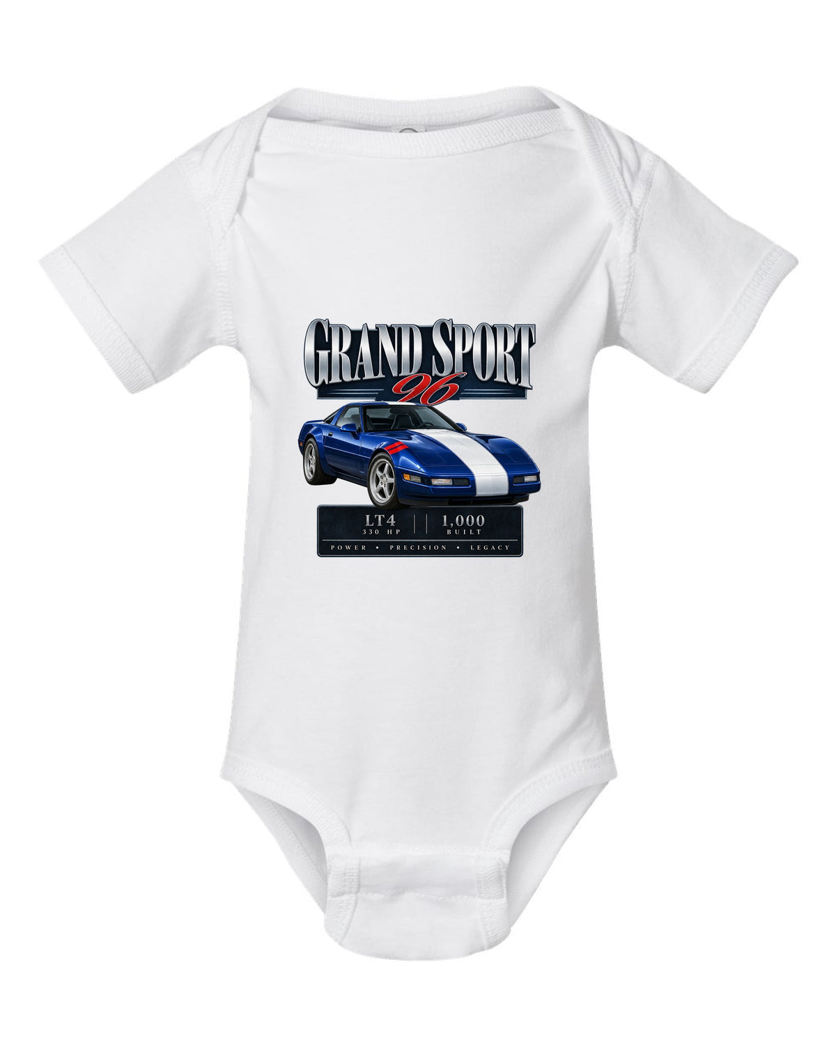 Chevrolet Corvette C4 Grand Sport 1996 archive panel print white baby onesie front view with the design