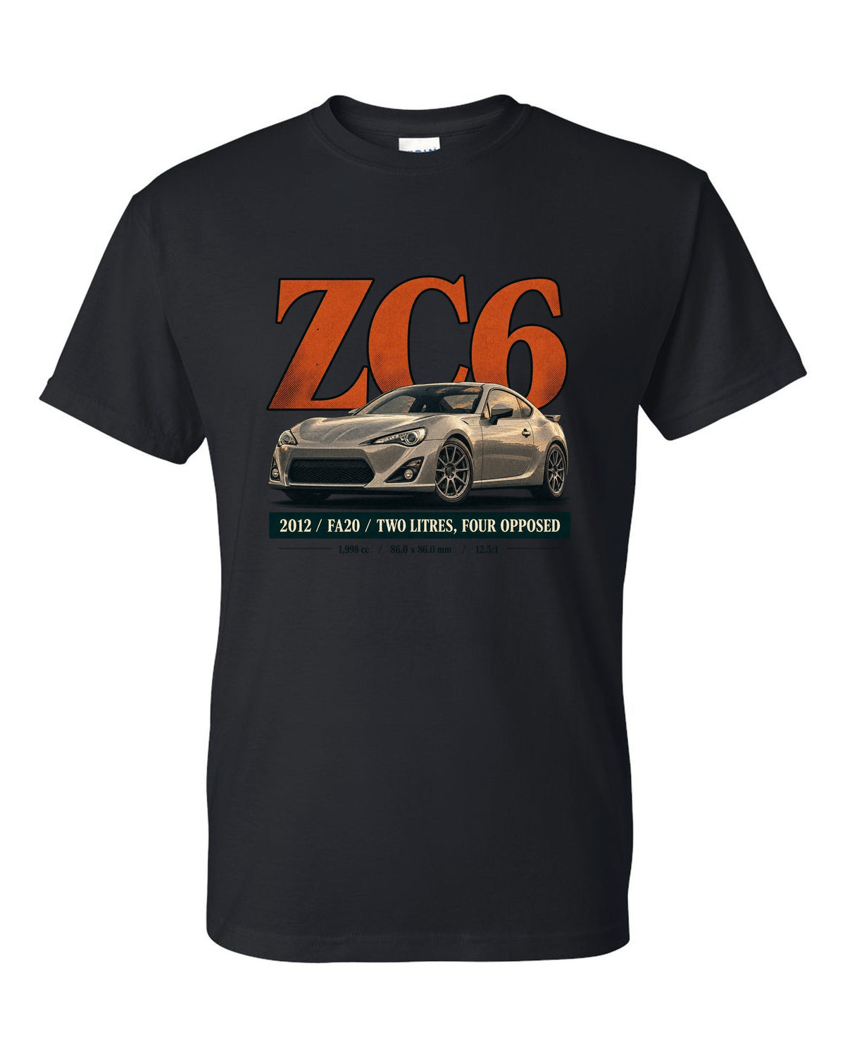 Magazine-style headline layout of a first-generation Subaru BRZ ZC6 print black t-shirt front view with the design