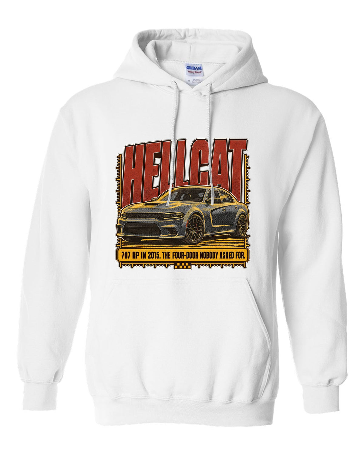 Dodge Charger SRT Hellcat halftone statement print reading 707 HP in 2015 white pull over hoodie front view with the design