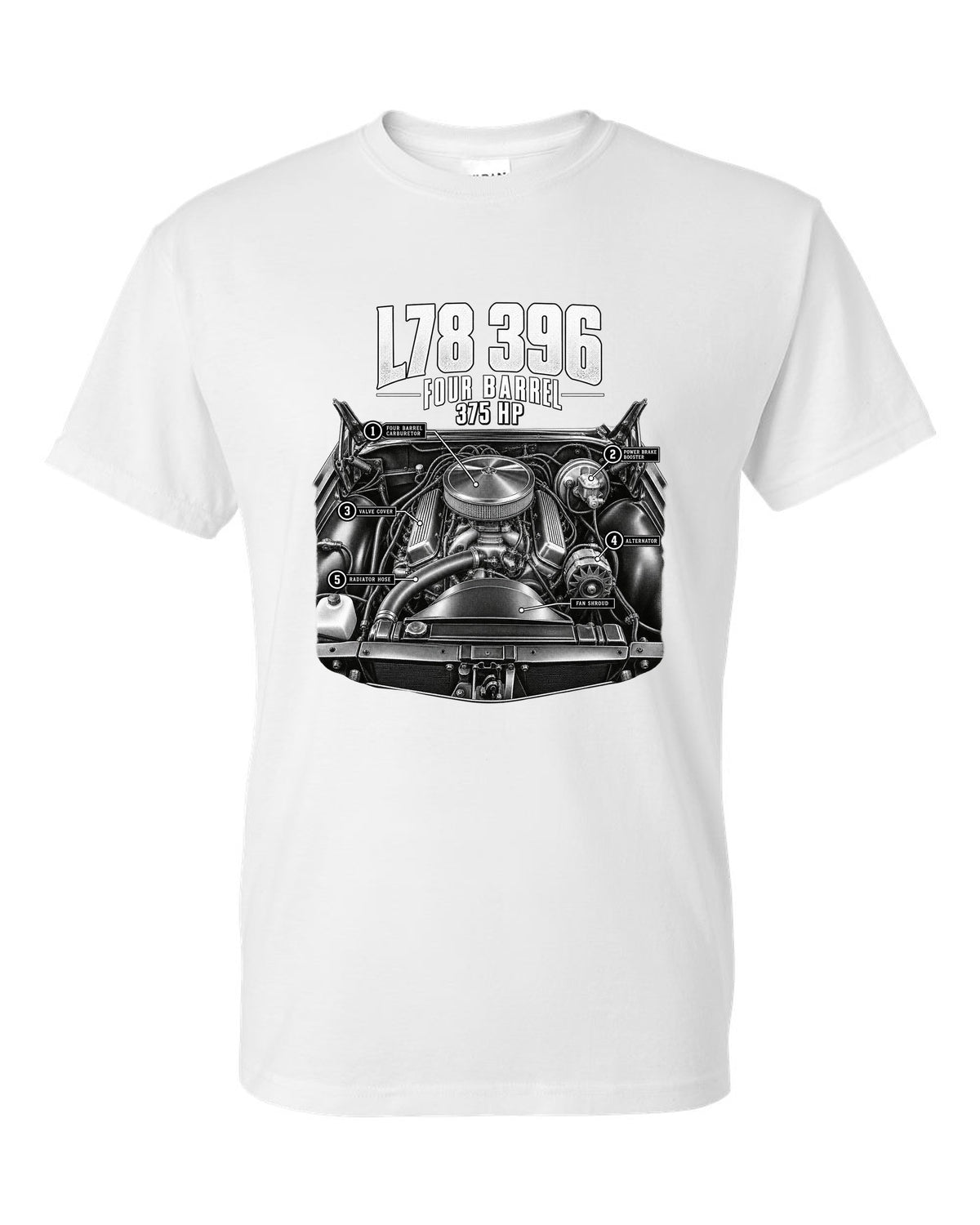 Engine hero print of an L78 396 big block in a 1969 Chevrolet Chevelle SS with 375 hp text white t-shirt front view with the design