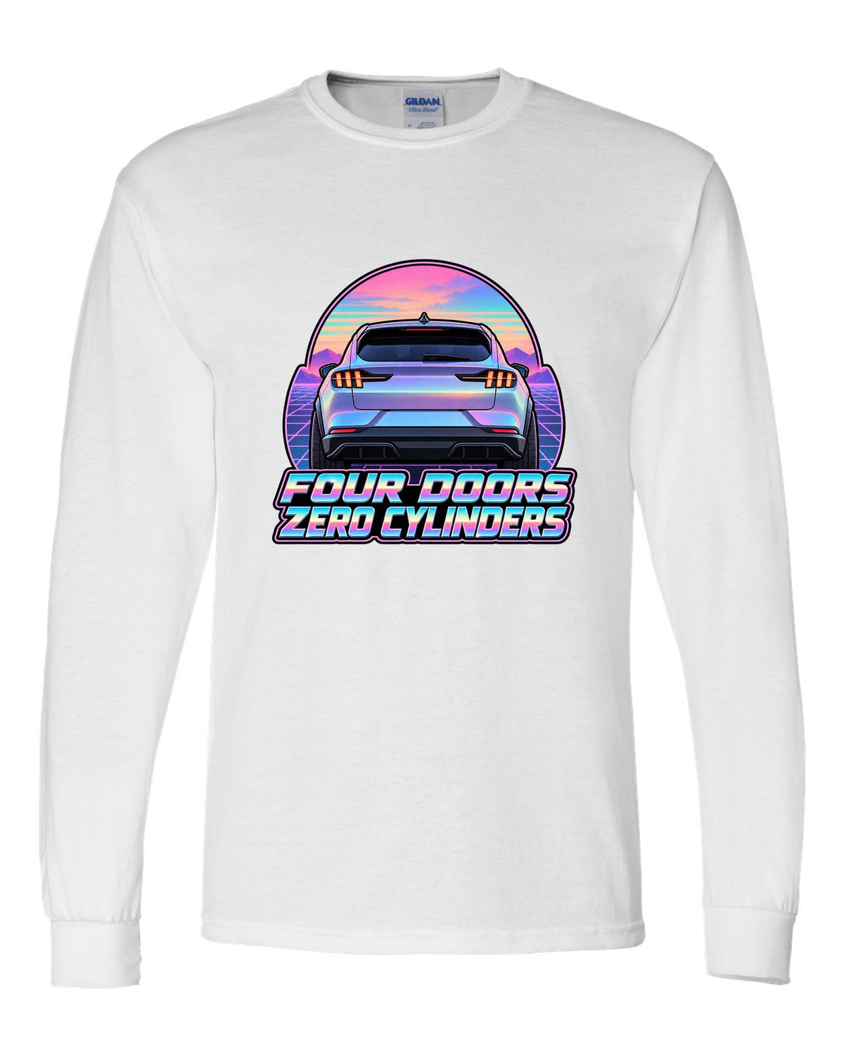 Vaporwave pastel print of a 2021 Ford Mustang Mach-E rear at dusk white long sleeve front view with the design
