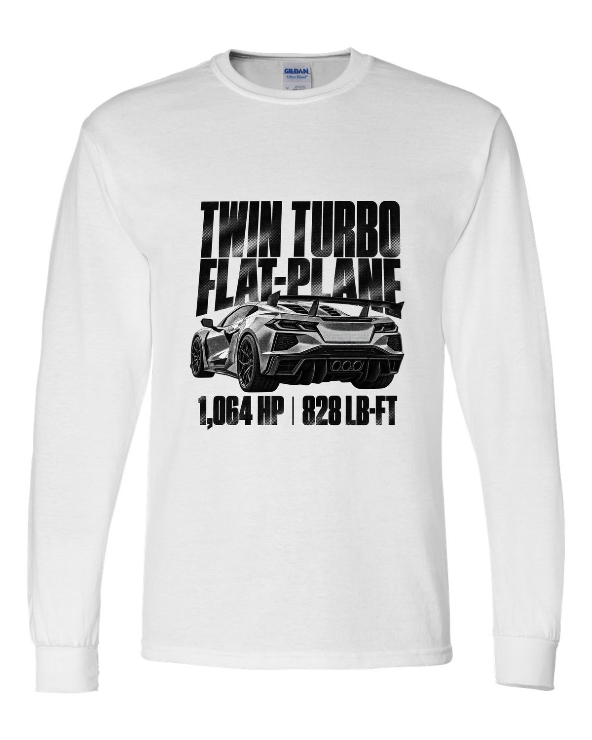 Corvette C8 ZR1 2025 hood vents and rear wing in halftone white long sleeve front view with the design