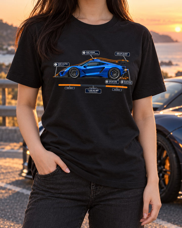 McLaren 765LT Aero Callouts Shirt, Titanium Exhaust Car Gift T-Shirt Black worn hero
