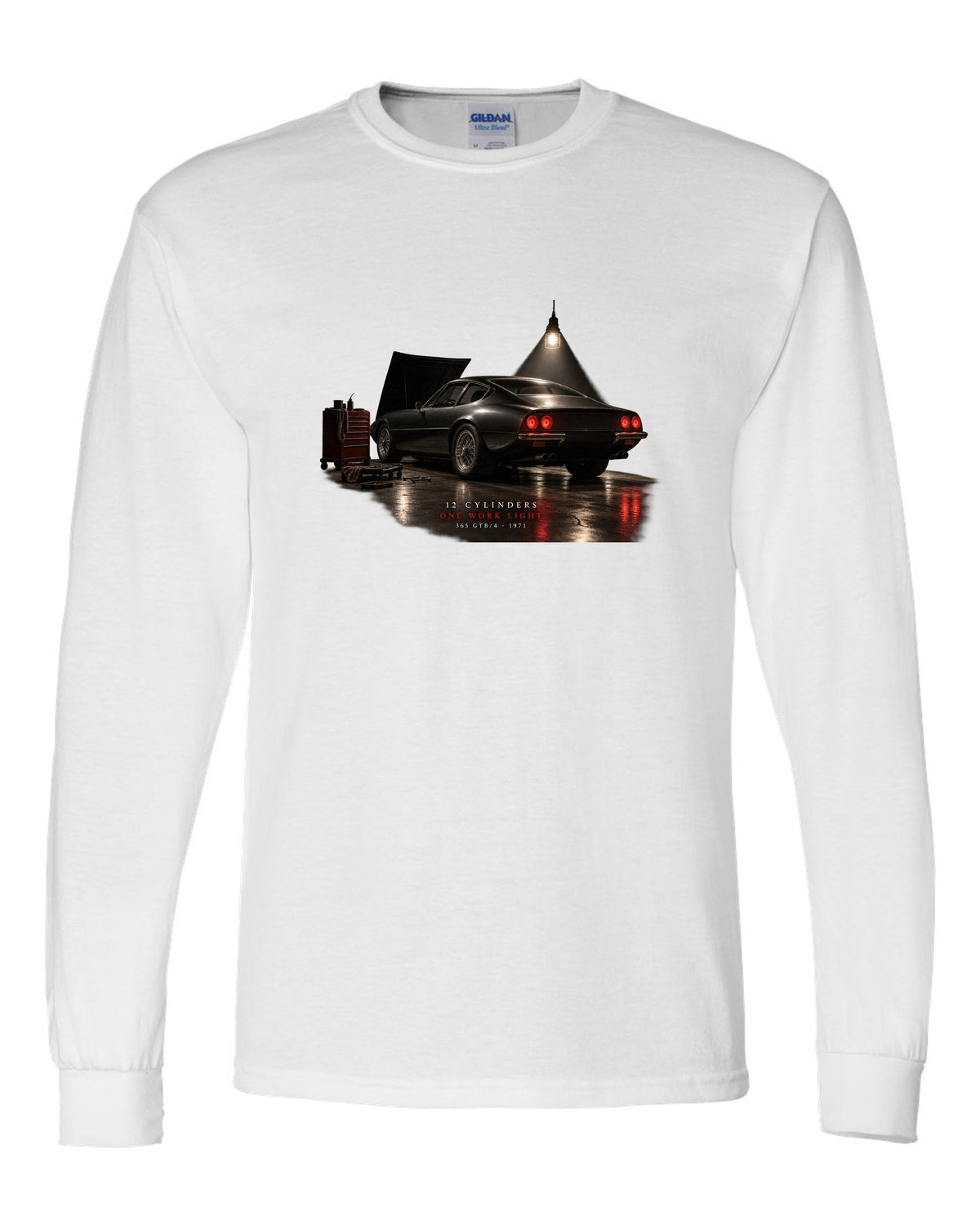 Ferrari 365 GTB/4 Daytona 1971 rear three-quarter garage night print, one work light white long sleeve front view with the design