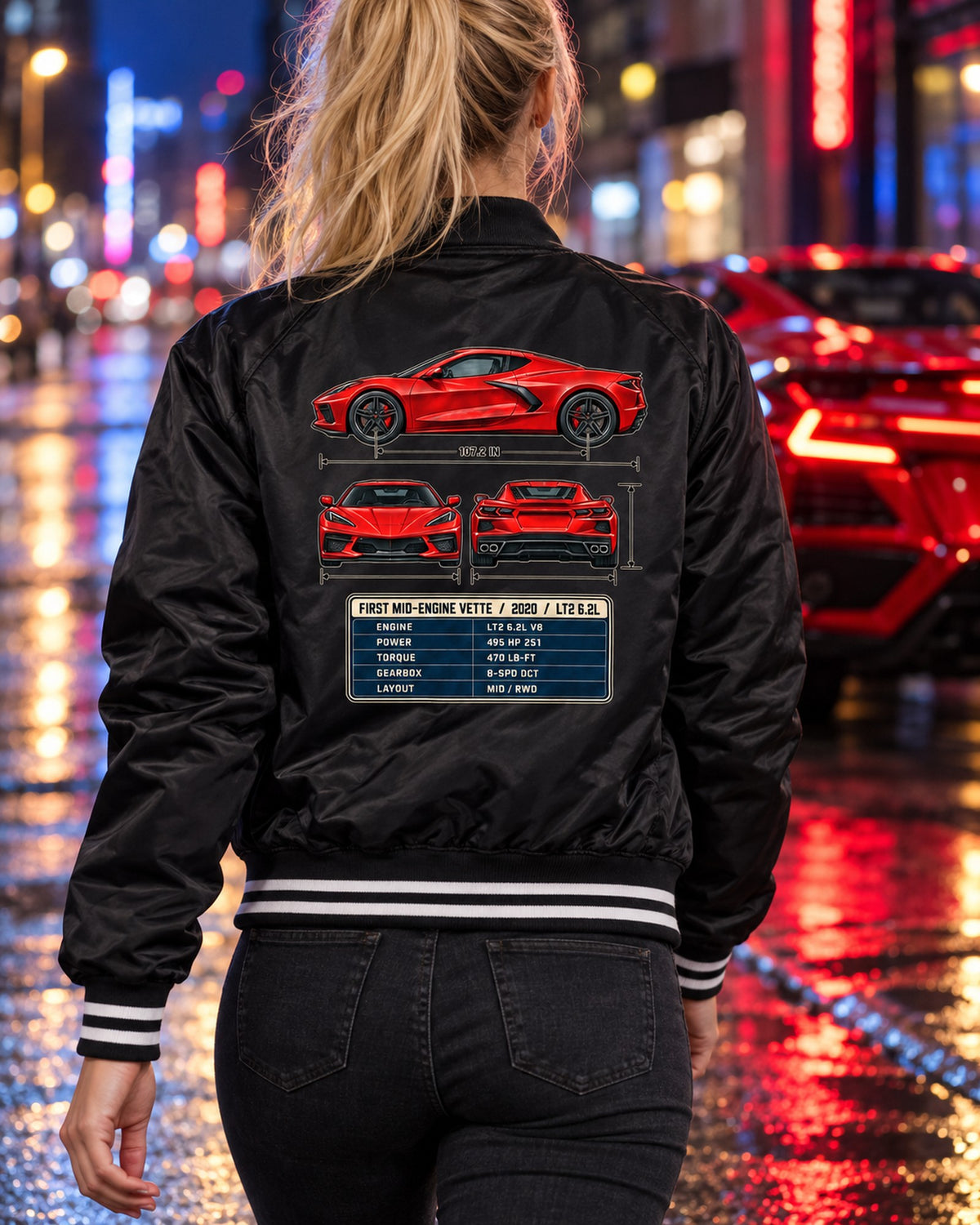 Chevrolet Corvette C8 Stingray Three-View Spec Table Tee Bomber Jacket Black worn hero