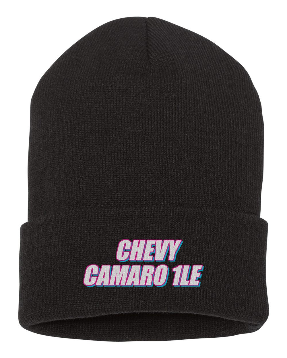 Chevy Camaro 1Le black beanie front view with car name
