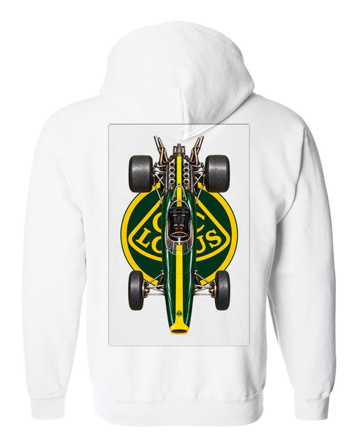 Lotus 49 1967 Formula 1 overhead poster artwork white zip hoodie back view with the design