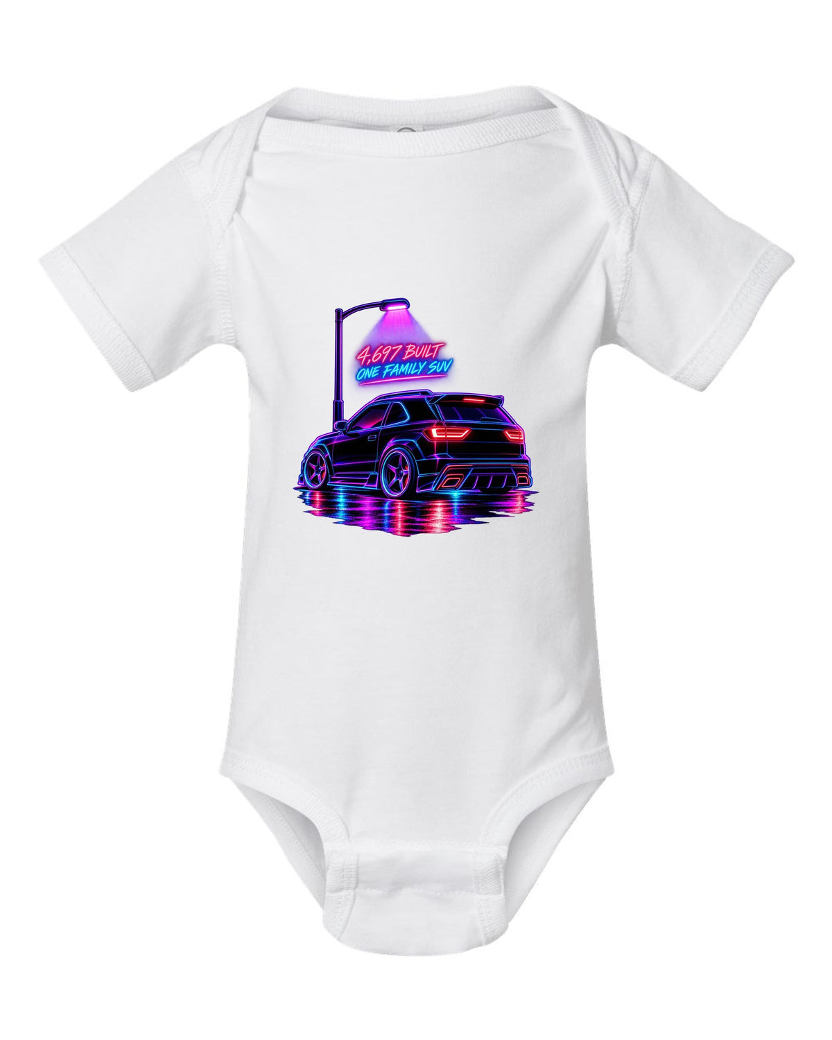 Neon synthwave line art print of a 1992-93 GMC Typhoon taillight with 4,697 built lettering white baby onesie front view with the design