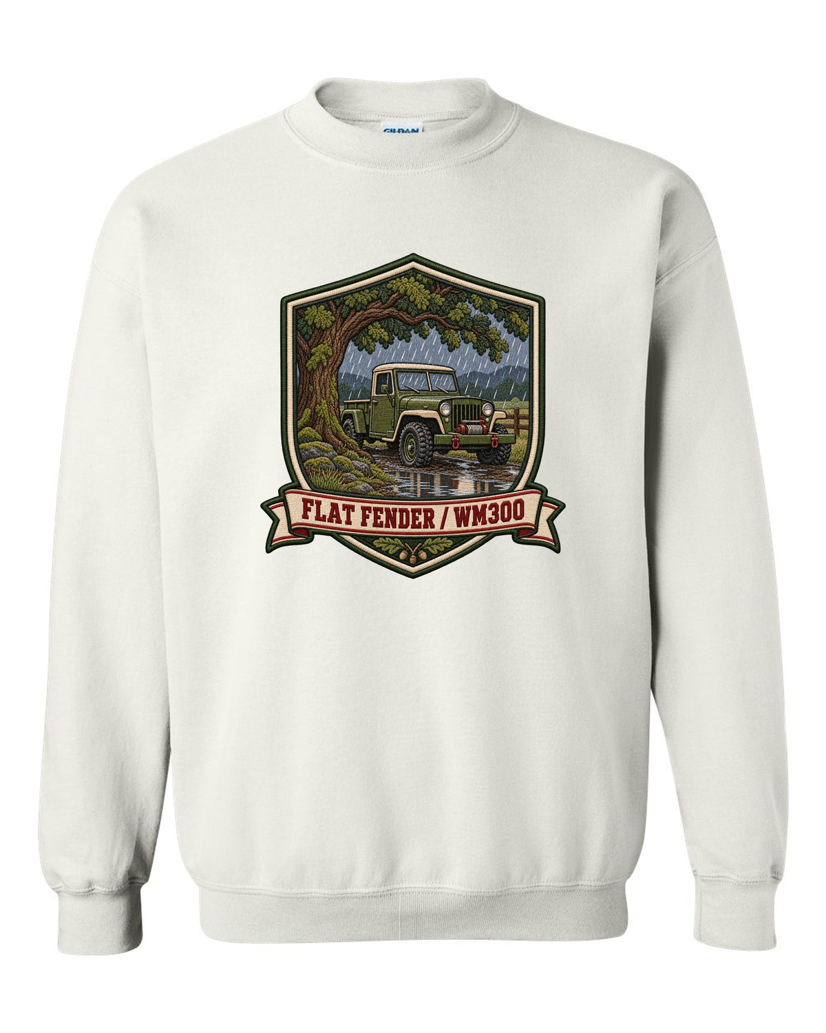 Varsity-style embroidered crest print of a Dodge Power Wagon WM300 flat fender white crewneck front view with the design