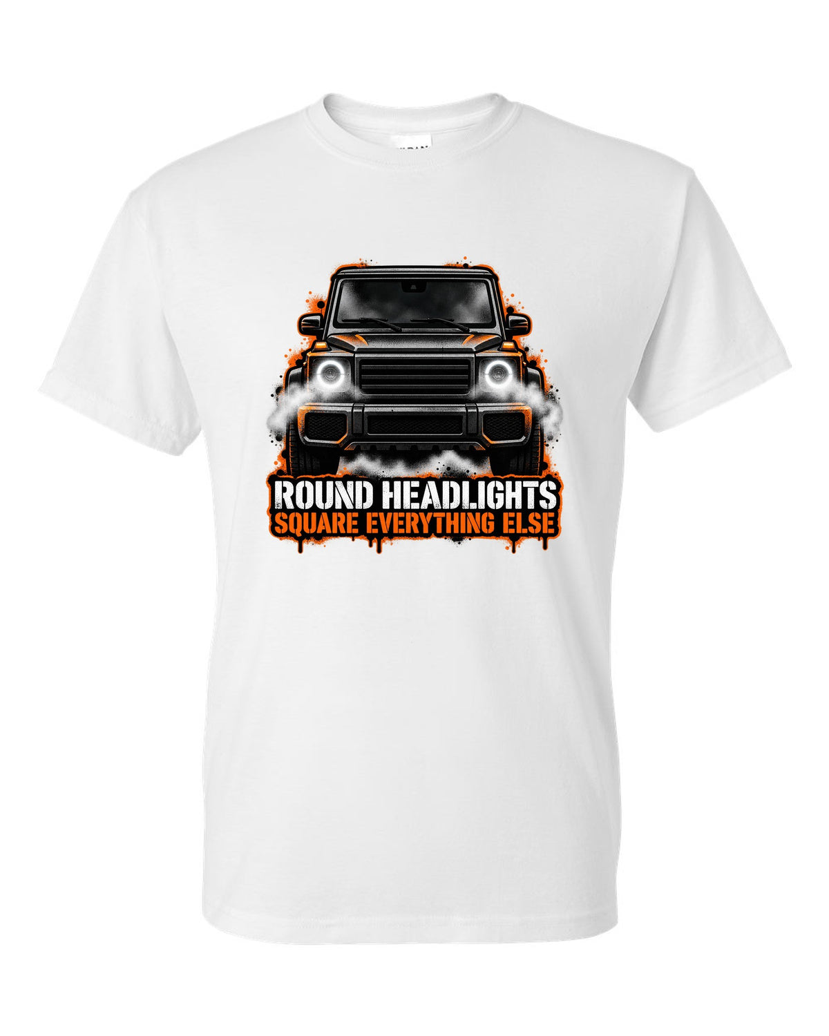 Sticker-bomb collage graphic with the word Clunk for a Mercedes G-Class W463, print white t-shirt front view with the design