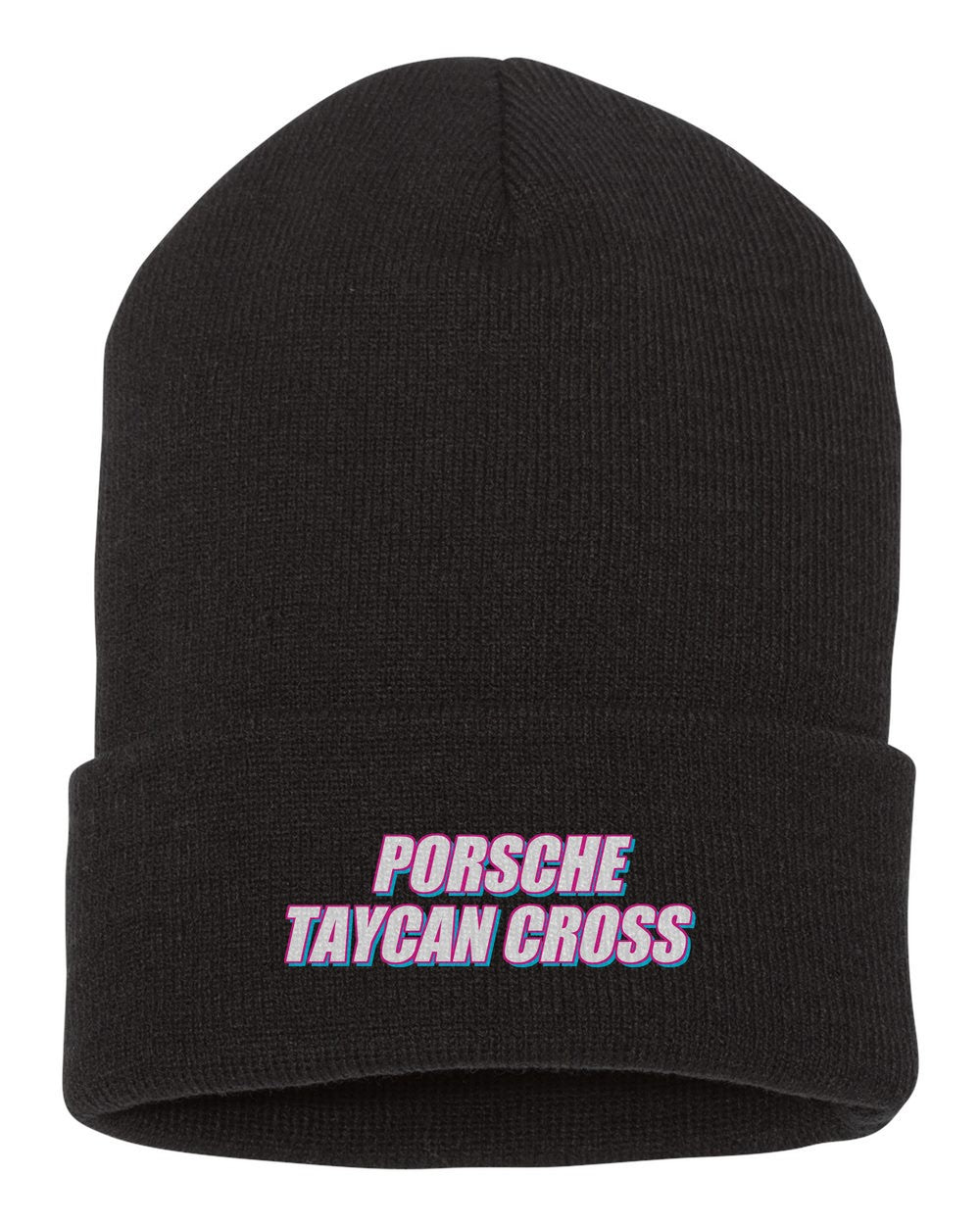 Porsche Taycan Cross black beanie front view with car name