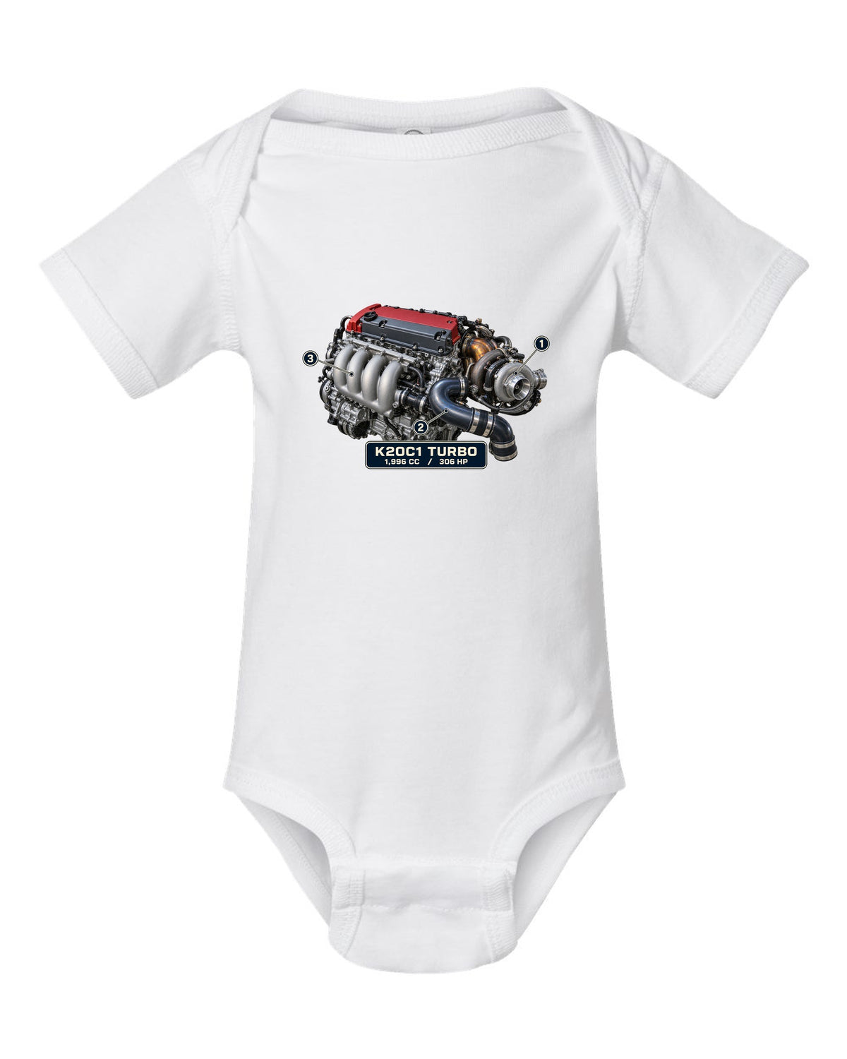 print engine illustration of the Honda Civic Type R FK8 K20C1 turbo engine white baby onesie front view with the design