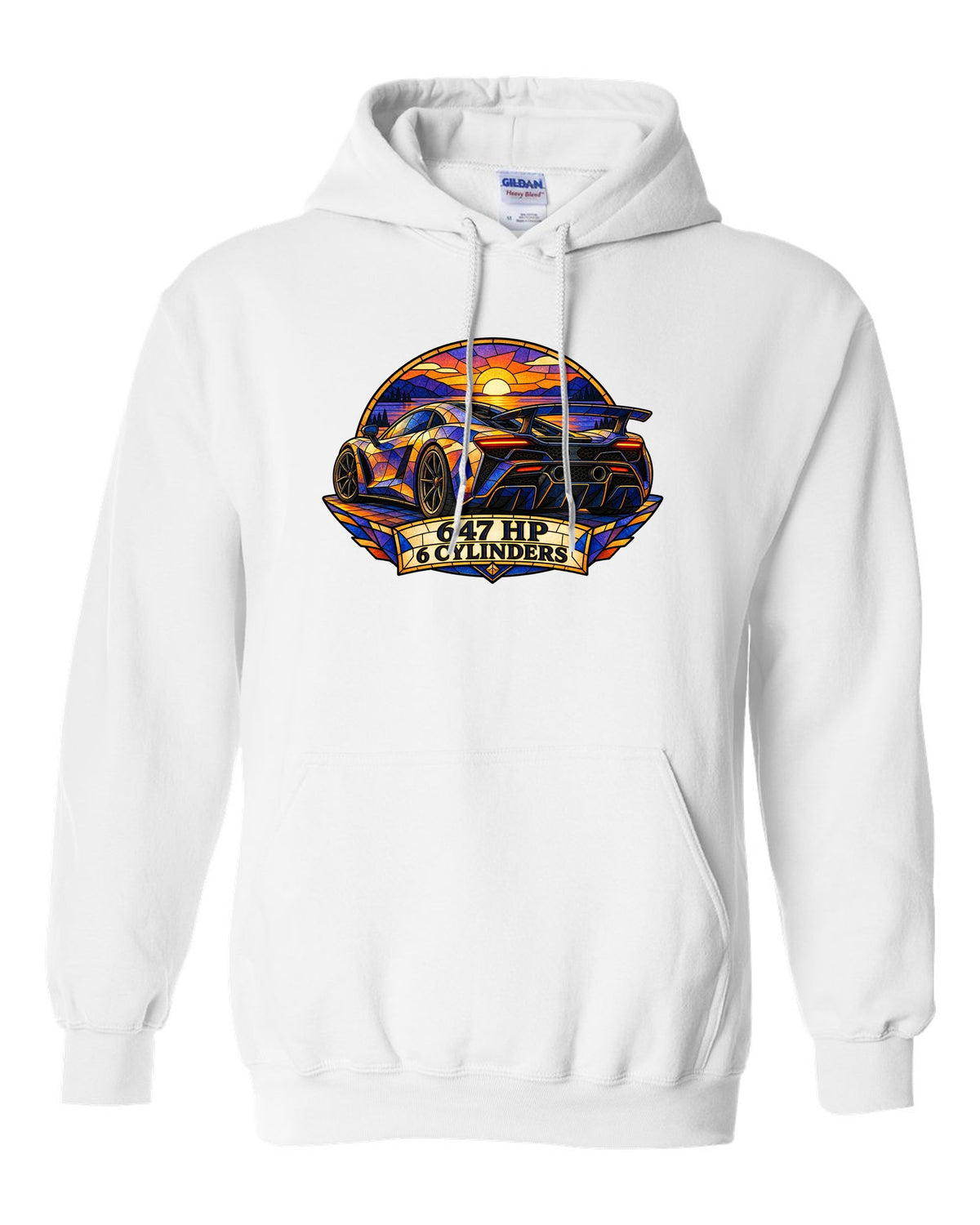 Ford GT 2017-2022 buttress profile in a stained-glass geometric print white pull over hoodie front view with the design