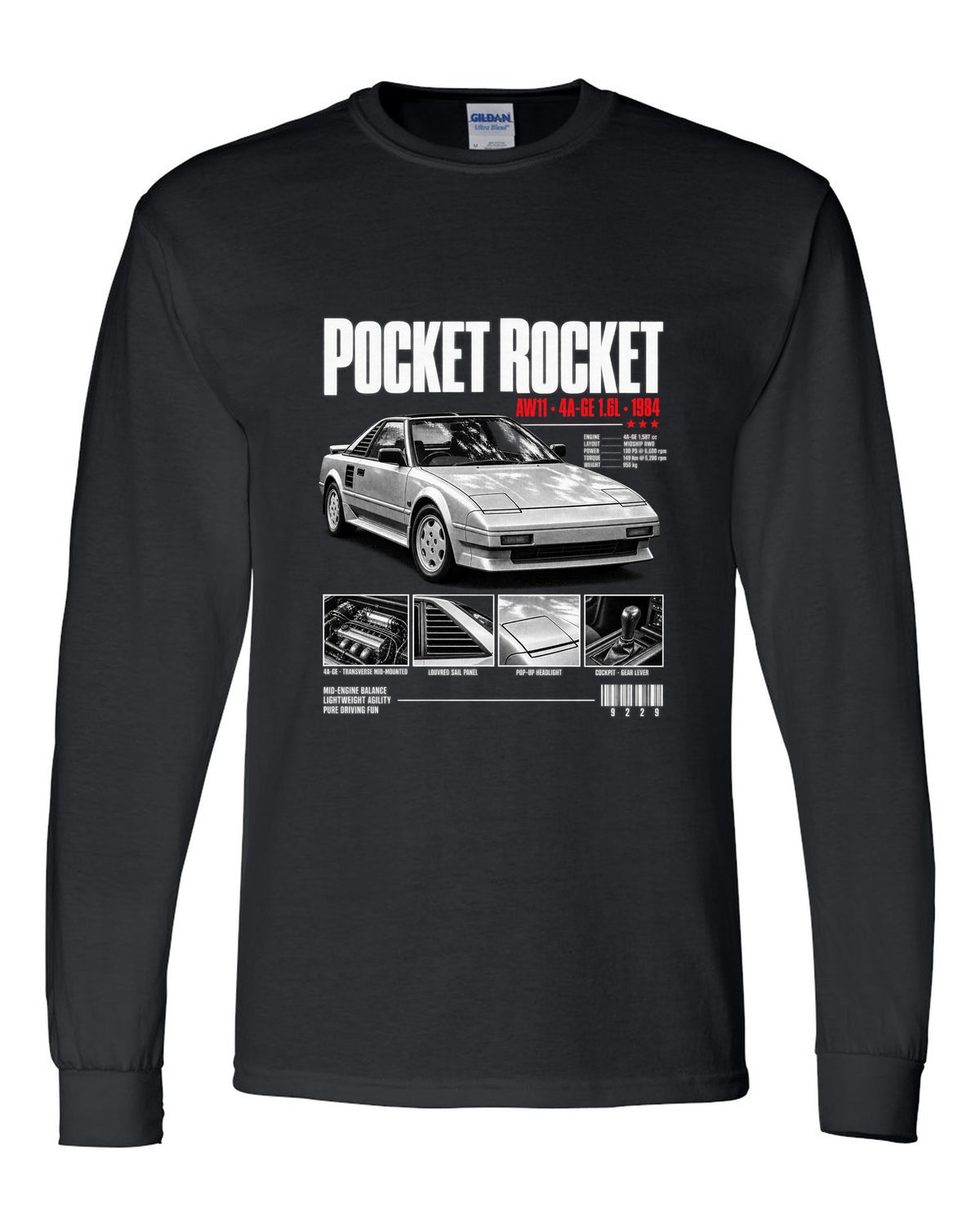 Dossier panel print of a Toyota MR2 AW11 with Pocket Rocket and 4A-GE text black long sleeve front view with the design