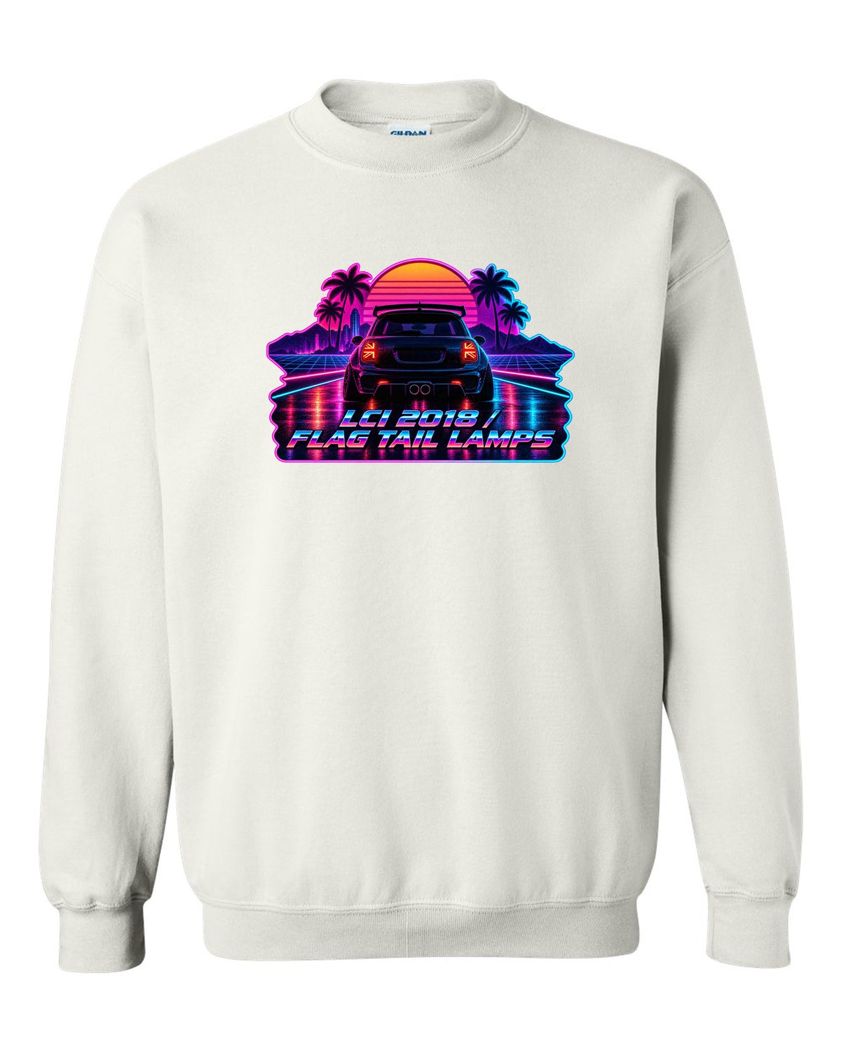 Synthwave outrun artwork of a Mini Cooper JCW F56 LCI with flag tail lamps white crewneck front view with the design