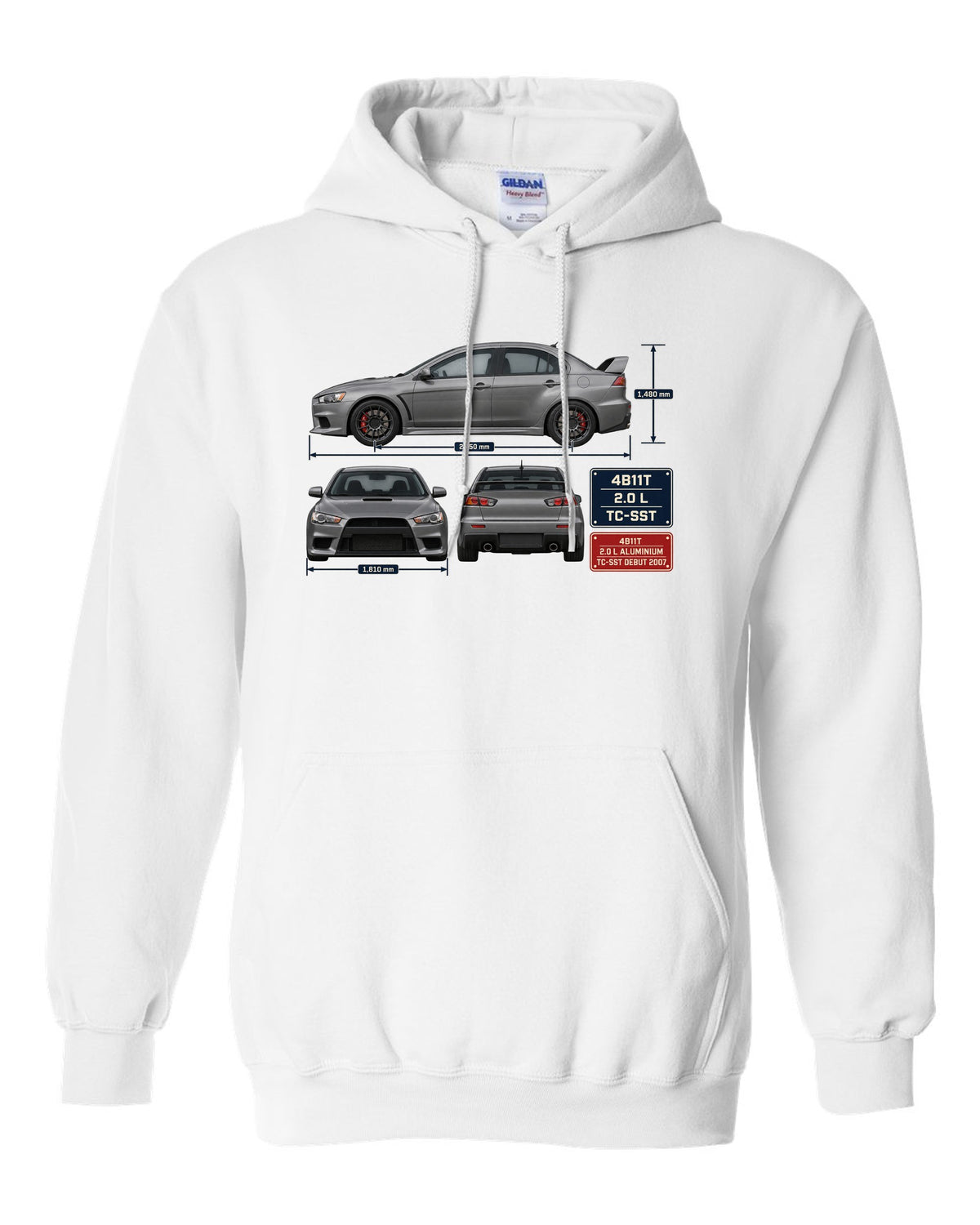 Evo X GSR Three-View Spec Table Tee, Mitsubishi Lancer white pull over hoodie front view with the design