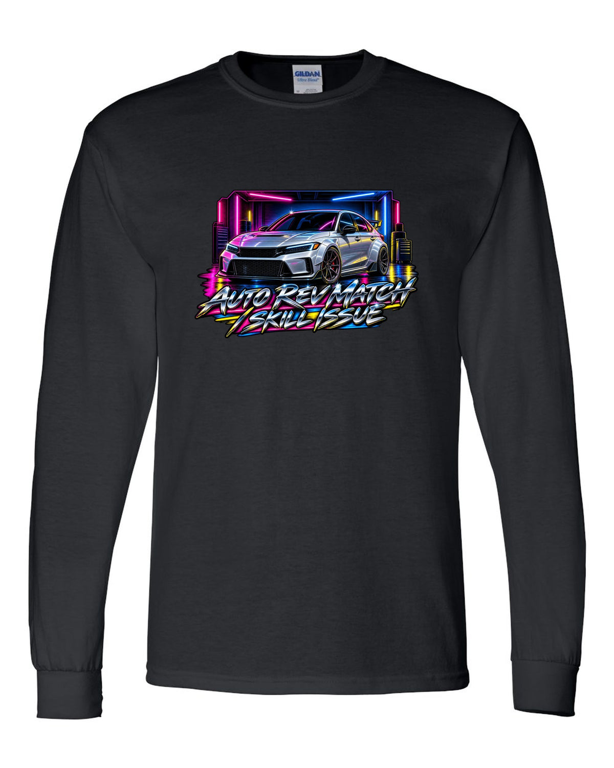 80s airbrush poster style print of a 2023 Honda Civic FL5 ch with auto rev match text black long sleeve front view with the design