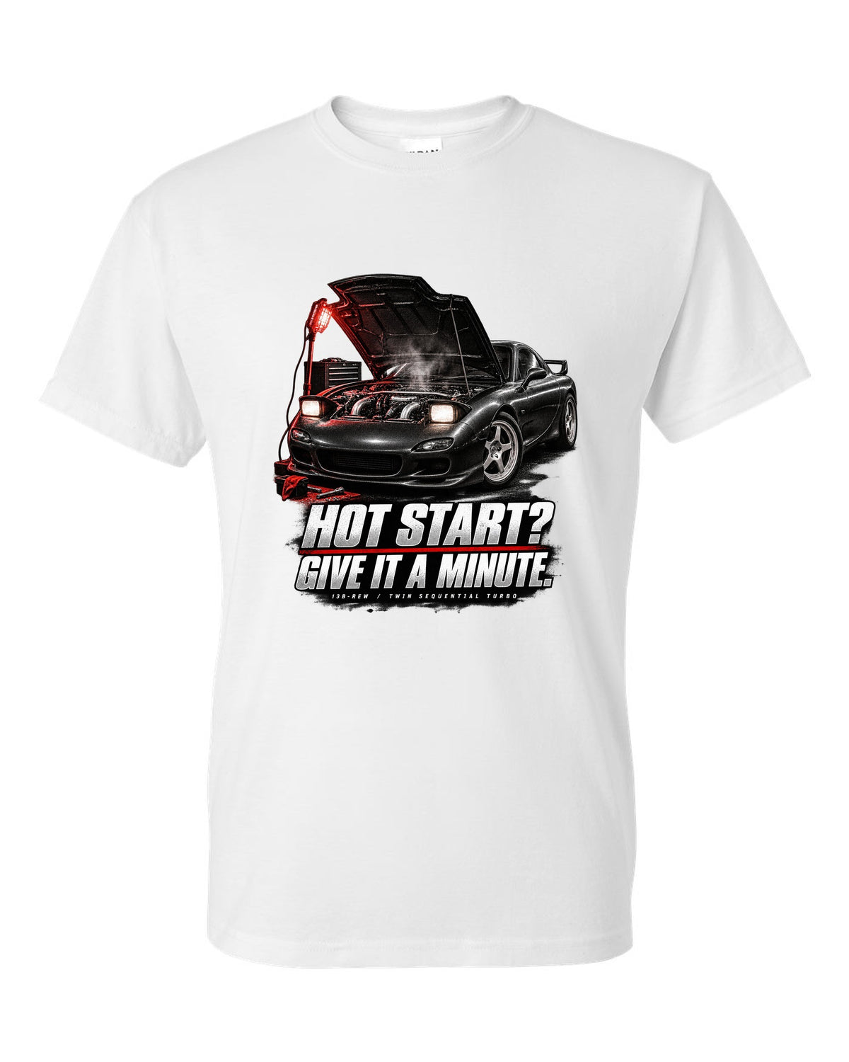 Garage night print of a Mazda RX-7 FD3S with hot start joke and 13B-REW lettering white t-shirt front view with the design