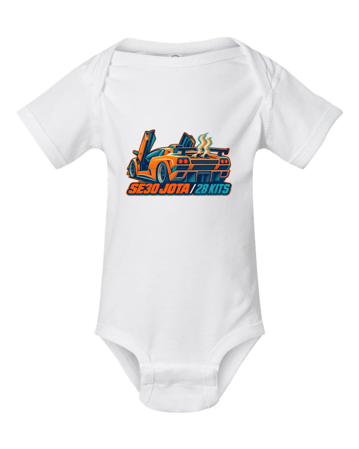 Risograph spot-colour print of a 1995 Lamborghini Diablo SE30 Jota with 28 kits lettering white baby onesie front view with the design