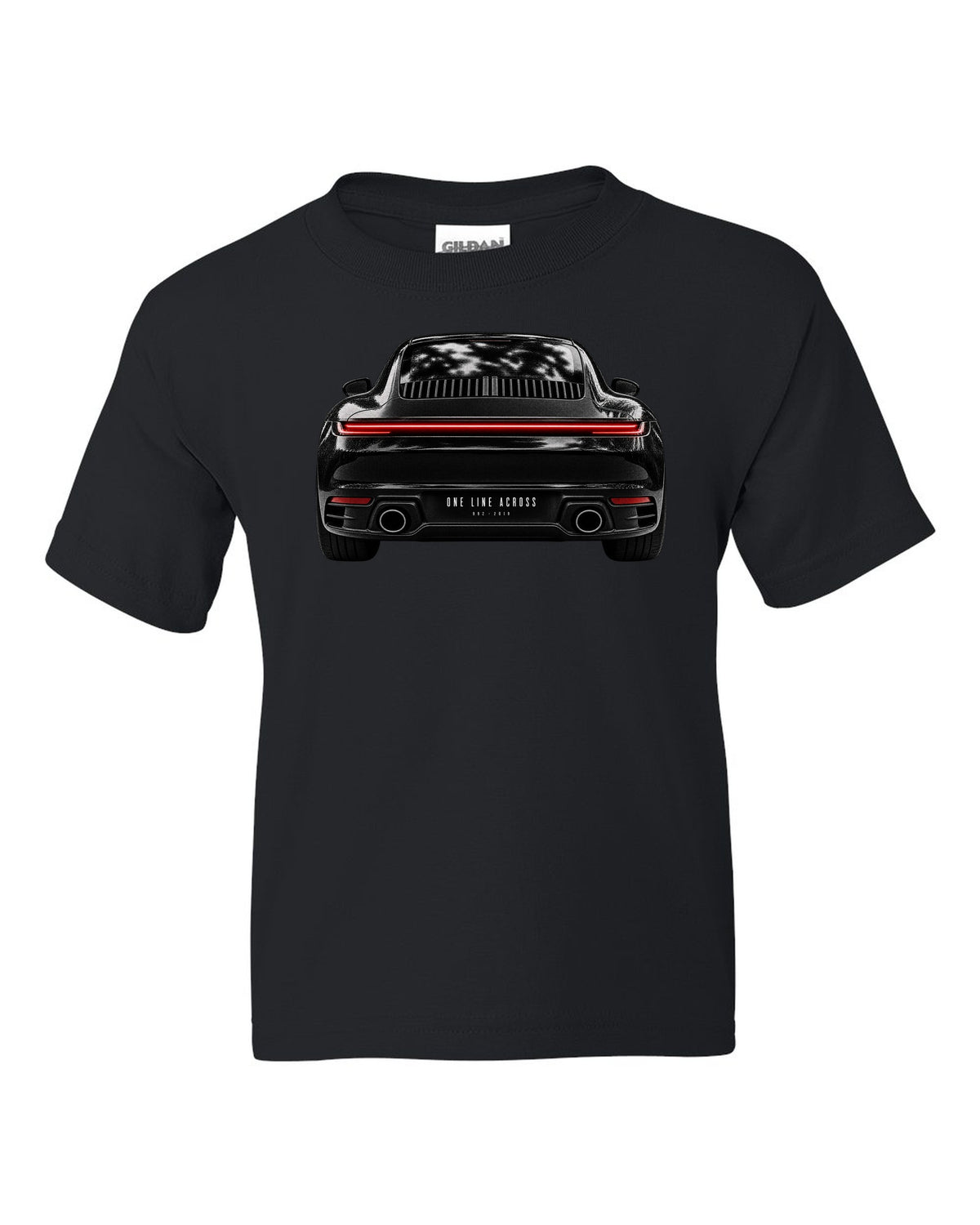 Taillight macro print of a 2019 Porsche 911 Carrera 992 rear light black kids tee front view with the design