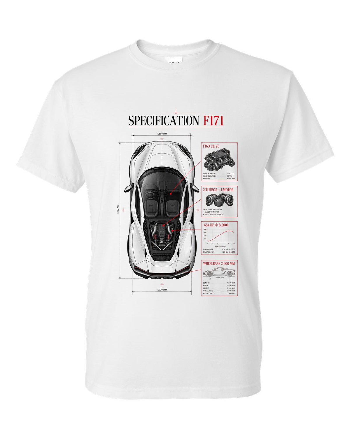 Top-down spec poster print of a Ferrari 296 GTB F171 with wheelbase and F163 CE V6 details white t-shirt front view with the design