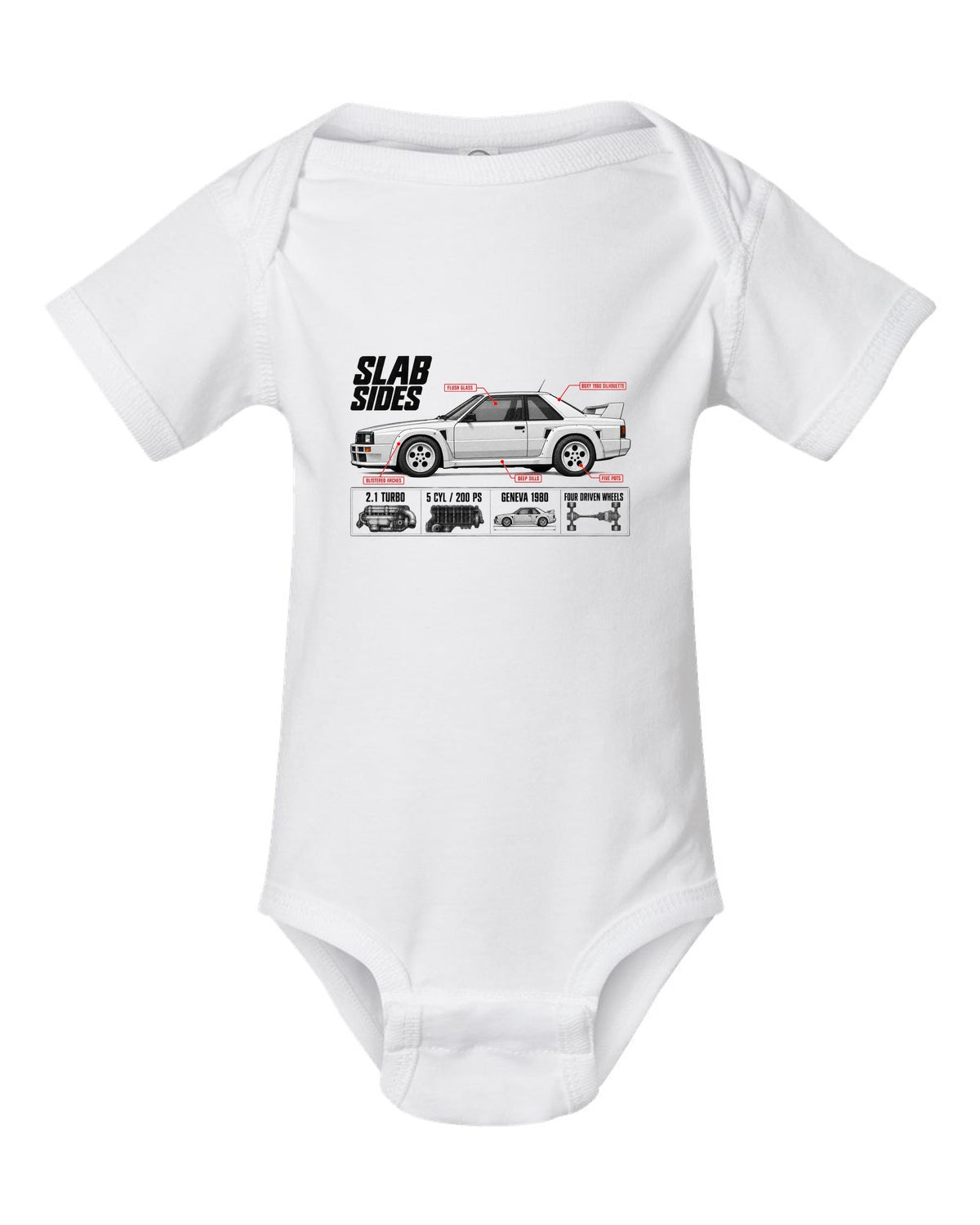 Audi Ur-Quattro Type 85 Slab Sides Spec Poster white baby onesie front view with the design