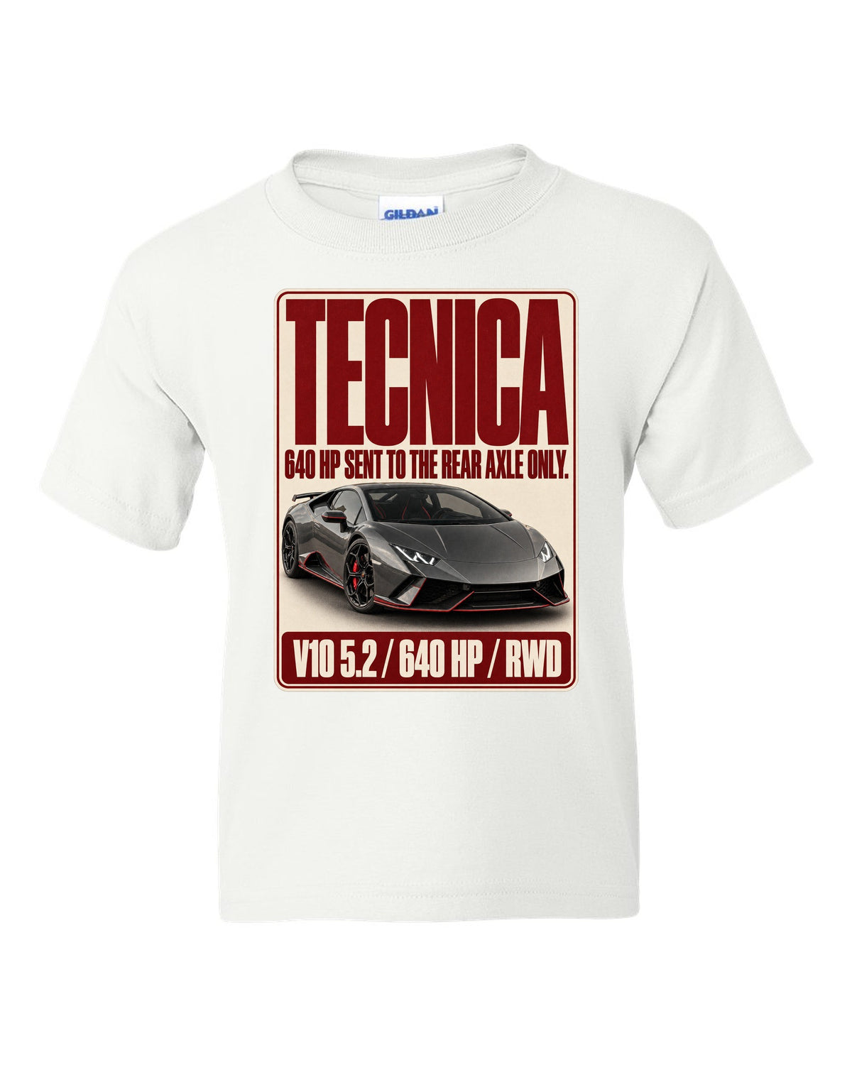 Editorial headline print of the Lamborghini Huracan Tecnica white kids tee front view with the design