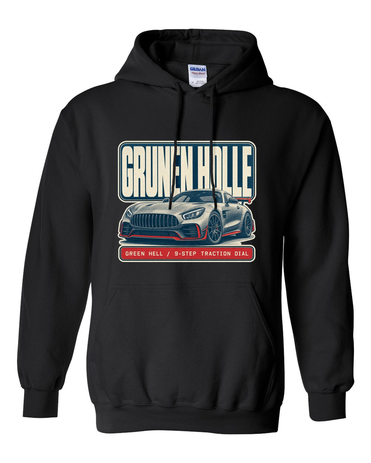 Mercedes-AMG GT R C190 halftone Green Hell print black pull over hoodie front view with the design