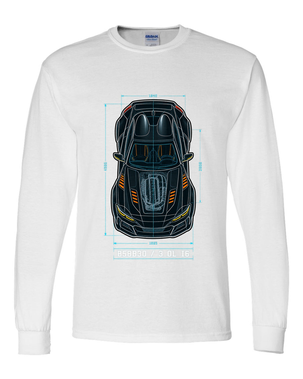 Patent-style overhead blueprint of the B58B30 3.0L inline-six in the Toyota GR Supra A90 white long sleeve front view with the design