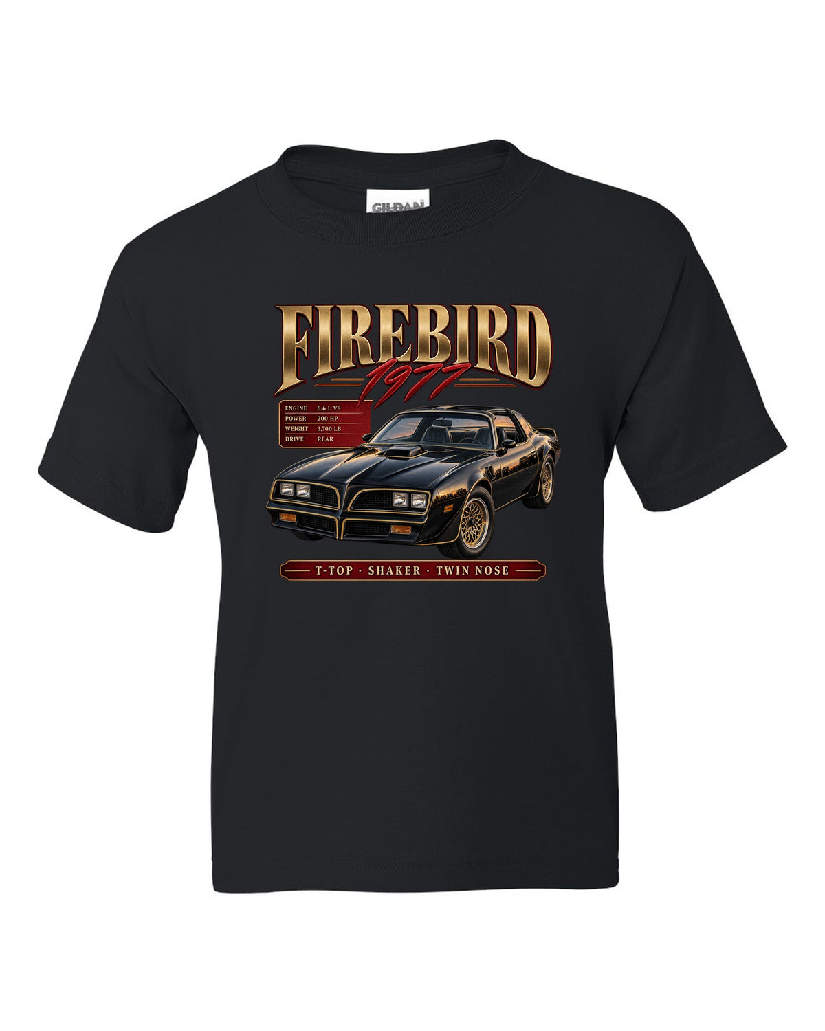 print archive panel of a 1977 Pontiac Firebird T-top with shaker and twin nose lettering black kids tee front view with the design