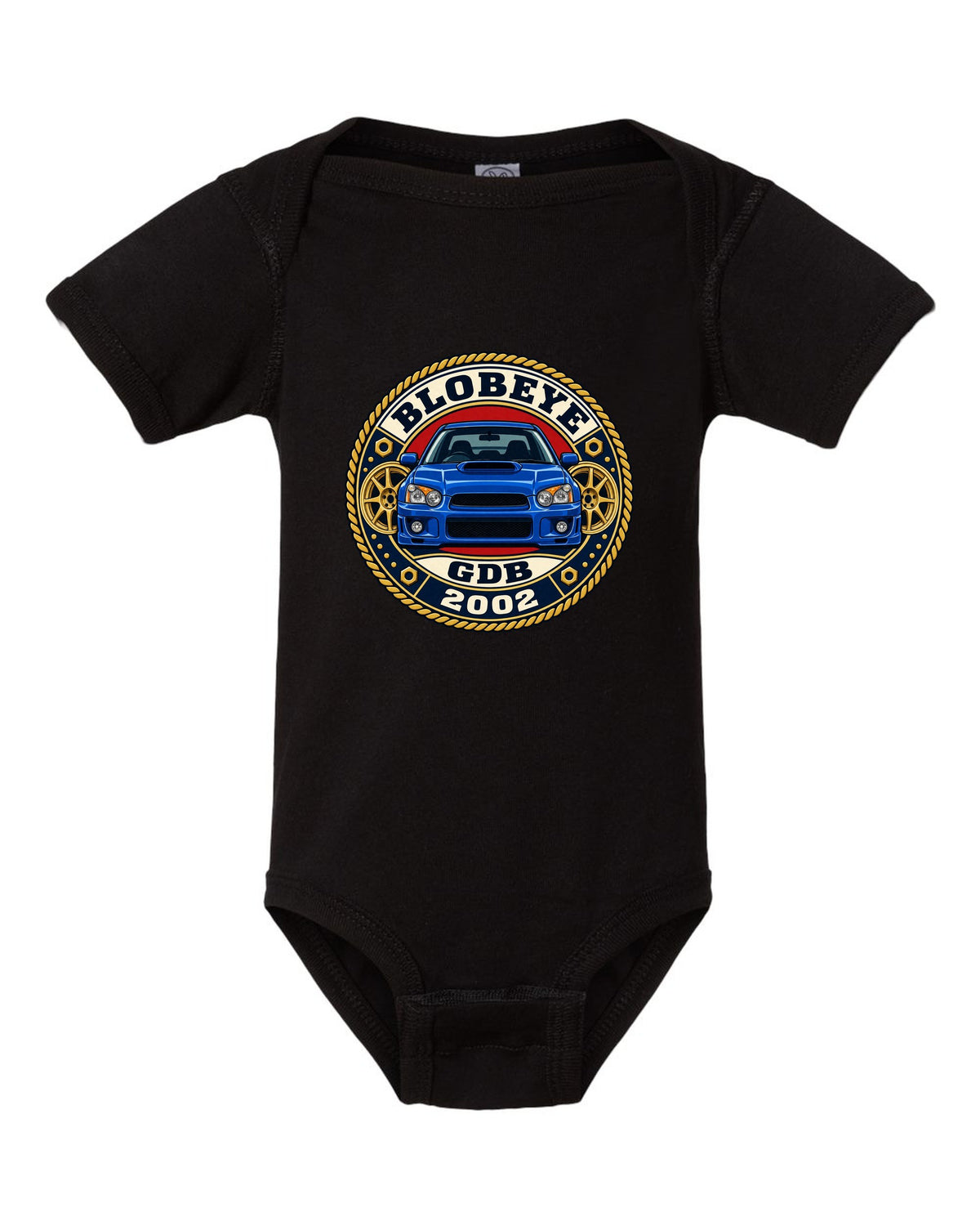 Subaru Impreza WRX GDB Blobeye round varsity crest print, BLOBEYE / GDB / 2002 black baby onesie front view with the design