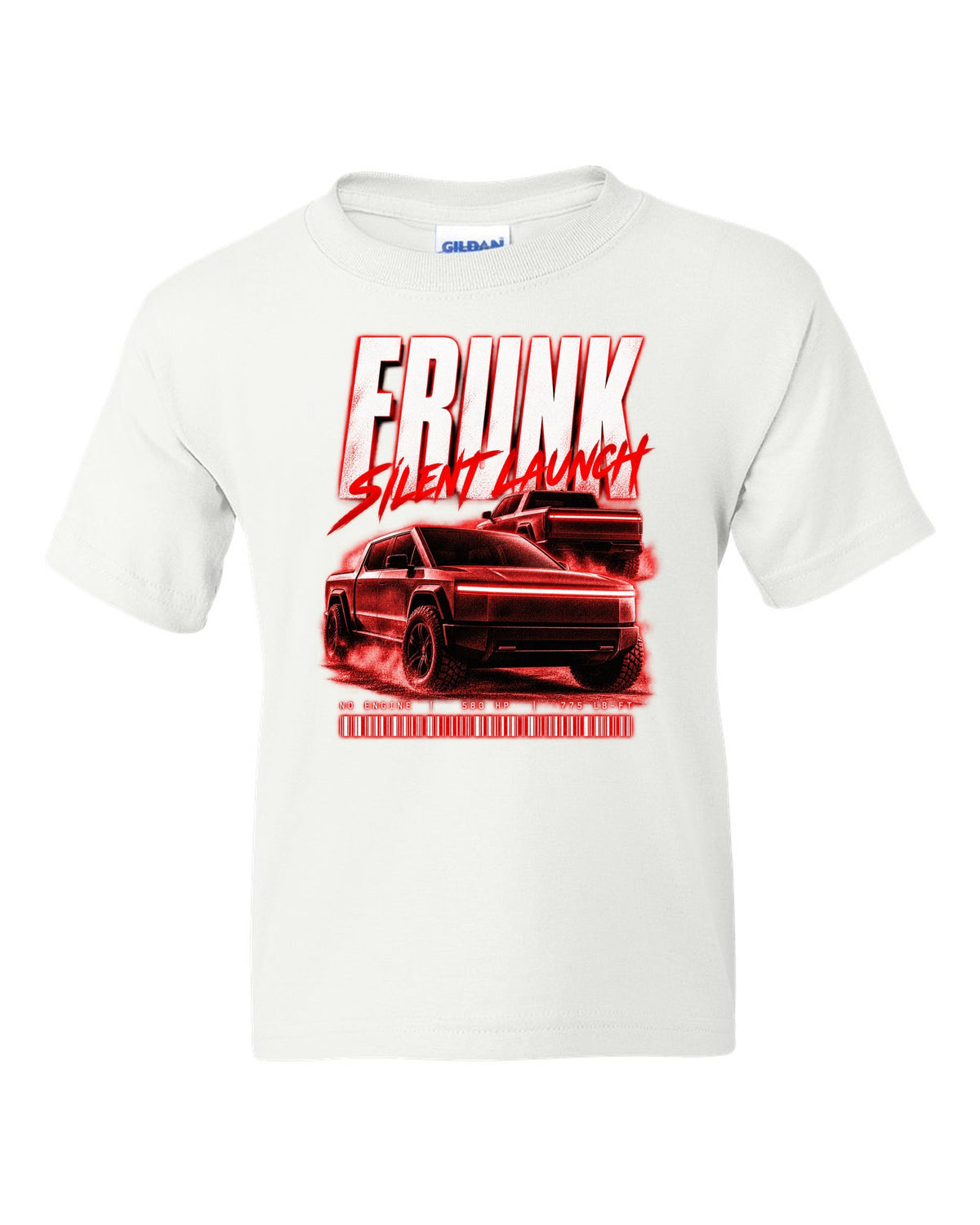 Ford F-150 Lightning EV street poster print with frunk, silent launch and 775 lb-ft white kids tee front view with the design