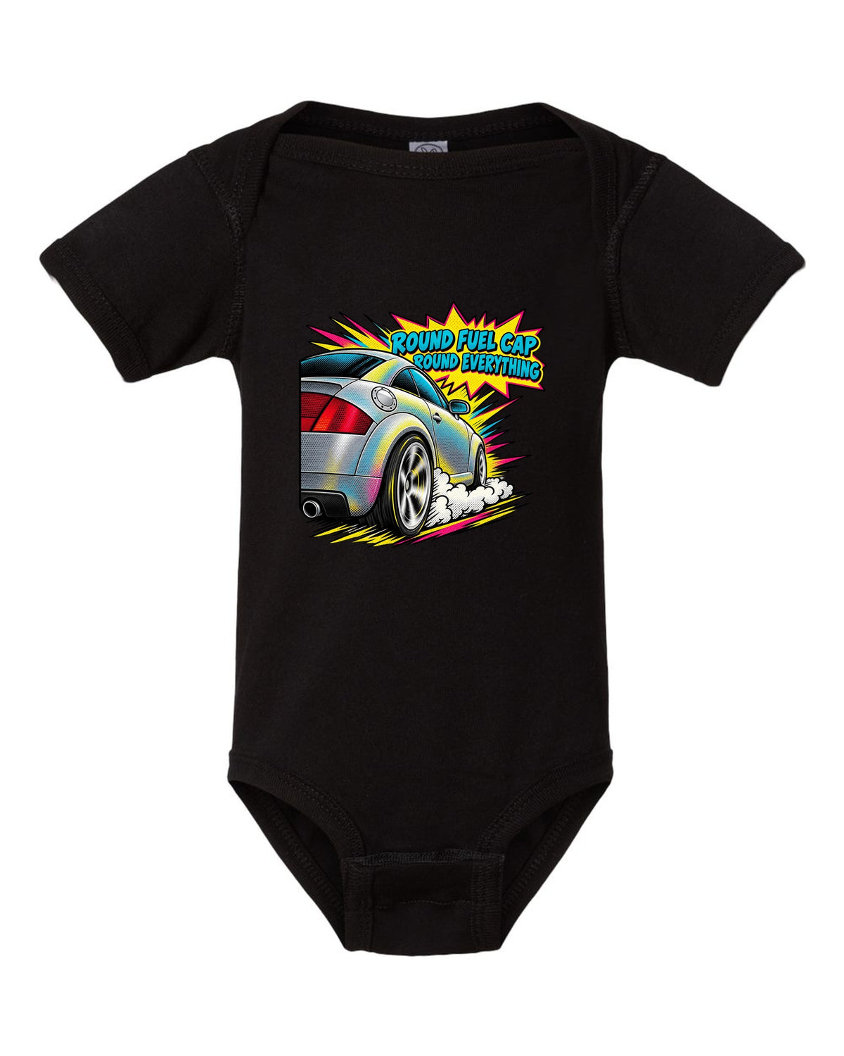 Comic halftone pop-art print of an Audi TT 8N with Round Fuel Cap text black baby onesie front view with the design