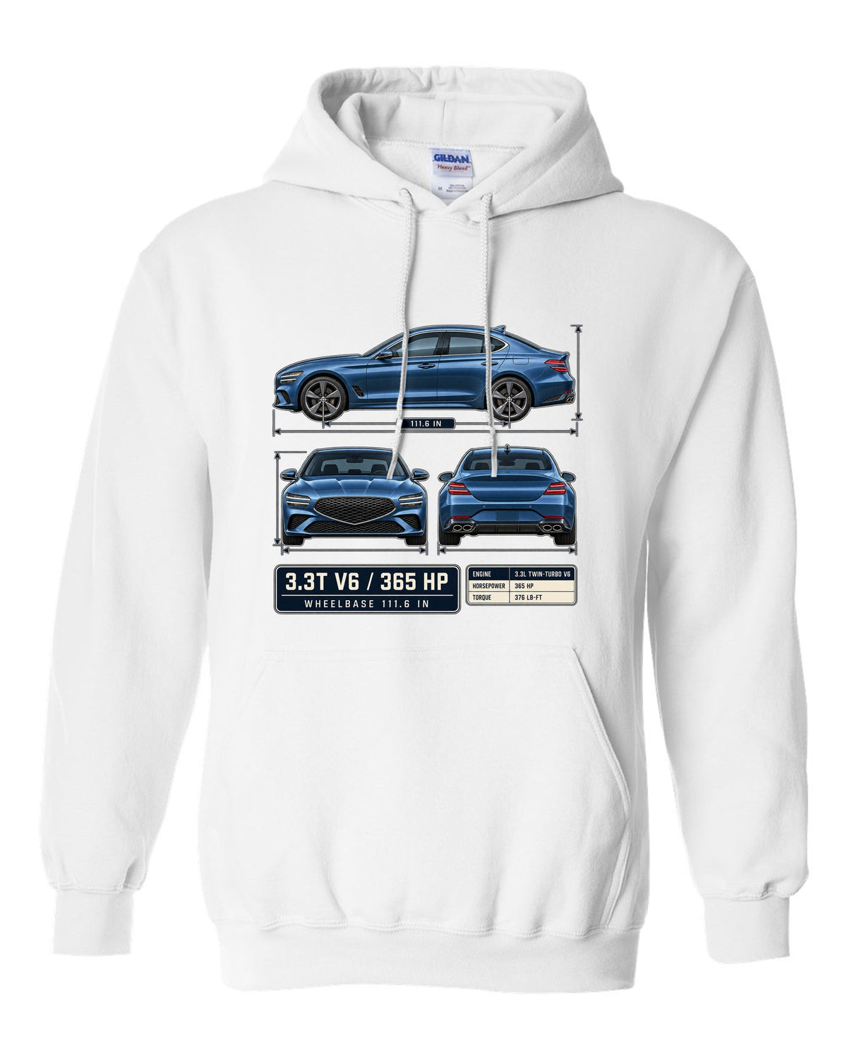 Dimension blueprint print of the Genesis G70 3.3T with V6 and 365 HP callouts white pull over hoodie front view with the design