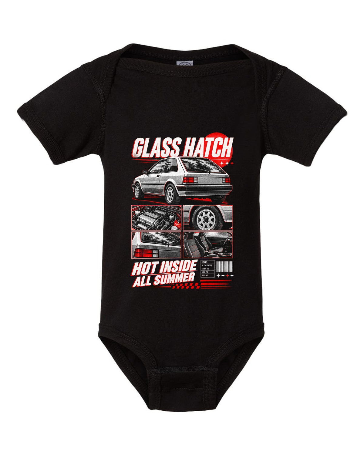Dossier panel print for the 1989 Honda CRX EF8 Si about its glass ch being hot all summer black baby onesie front view with the design