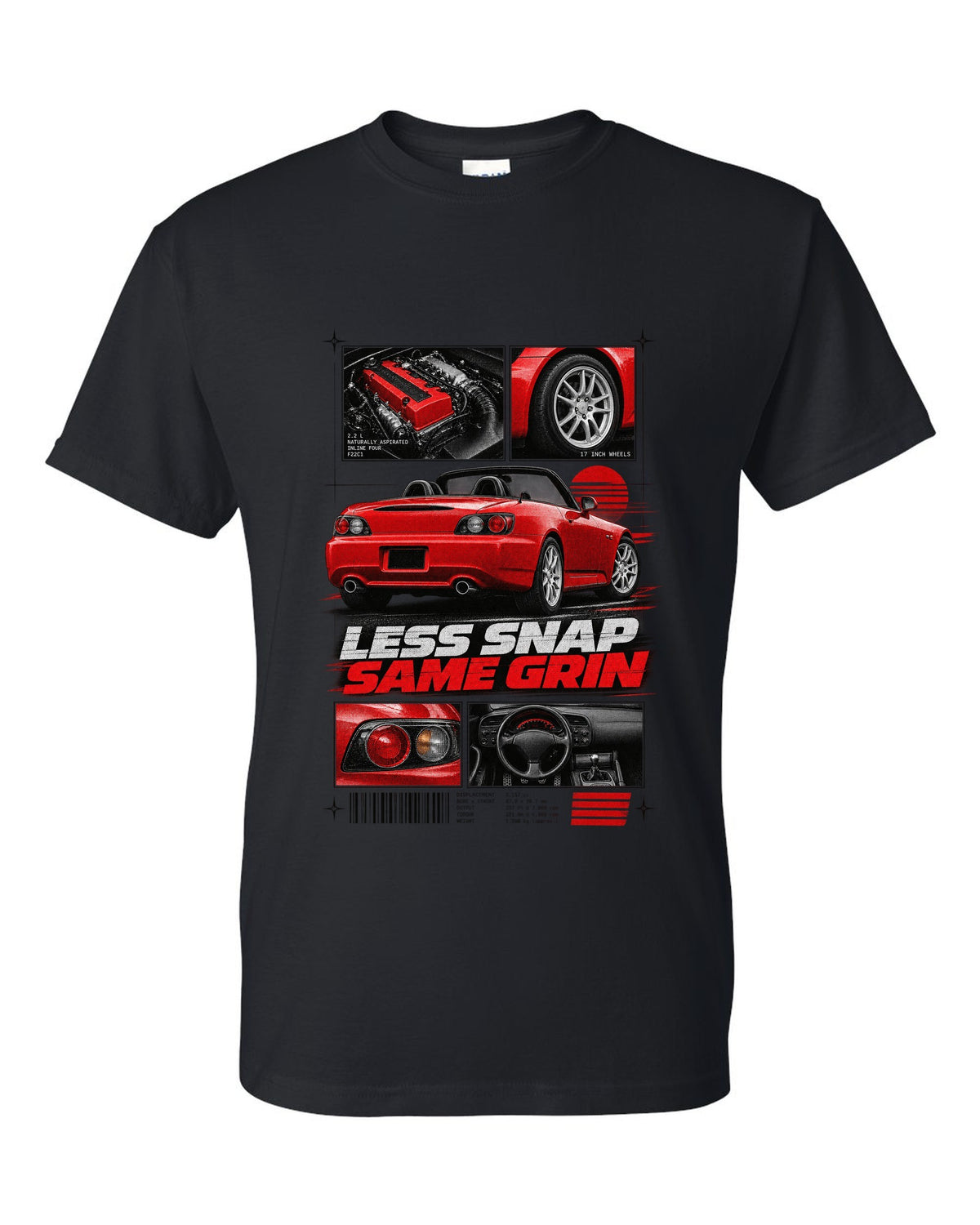 Honda S2000 AP2 roadster dossier panels design with 17 inch wheels less snap same grin text black t-shirt front view with the design