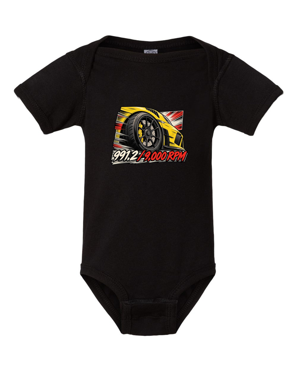 Porsche 991.2 GT3 RS retro manga panel with centre lock wheel and 9,000 RPM text black baby onesie front view with the design