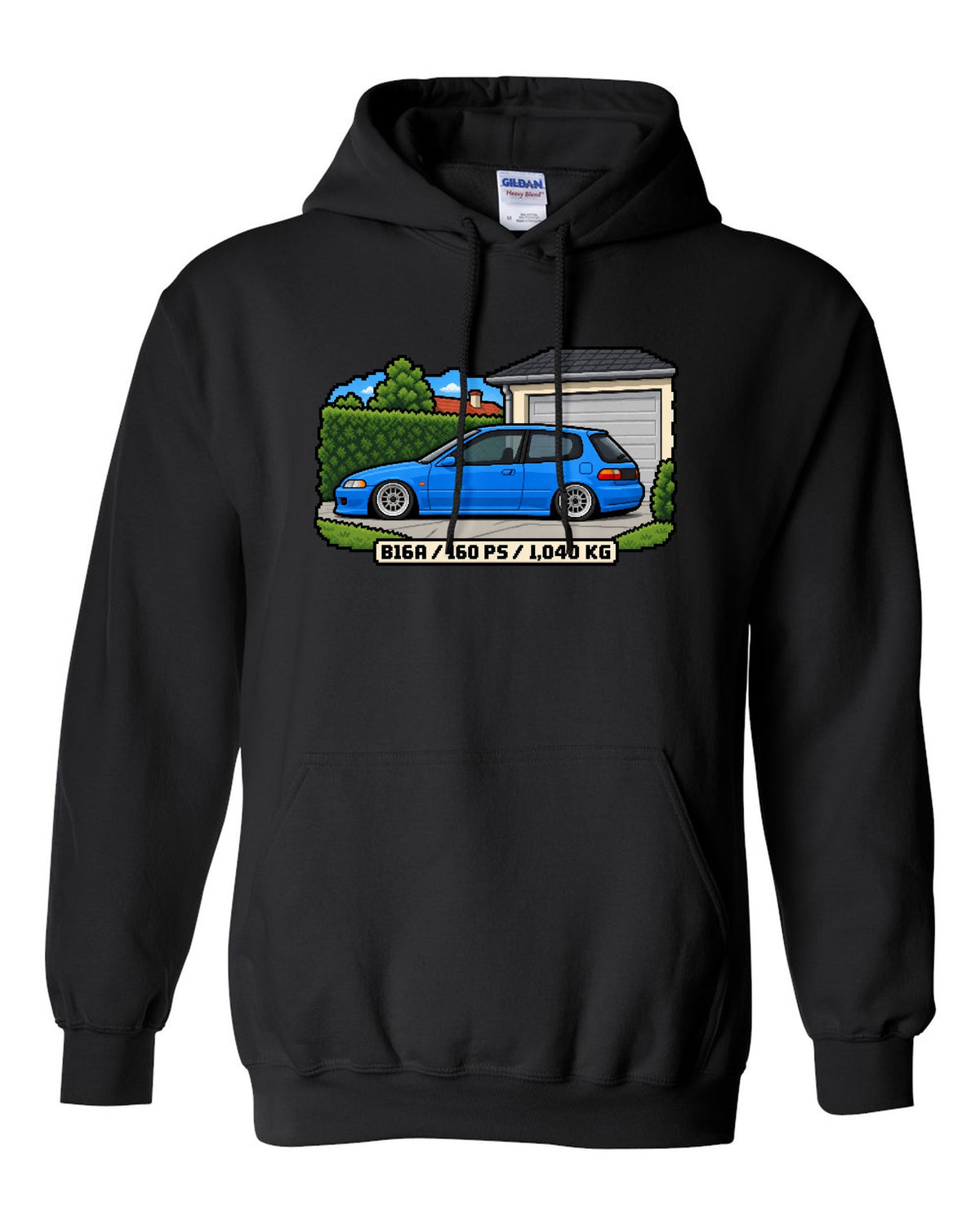 16-bit pixel art print of a 1992 Honda Civic EG6 ch with B16A and 160 PS text black pull over hoodie front view with the design