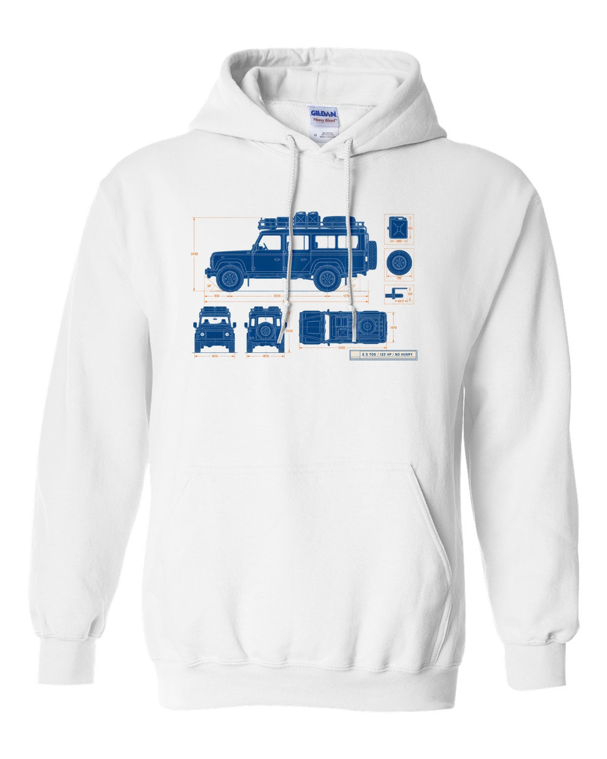 Blueprint line drawing print of a Land Rover Defender 110 Td5 with roof rack and 2.5 TD5 text white pull over hoodie front view with the design