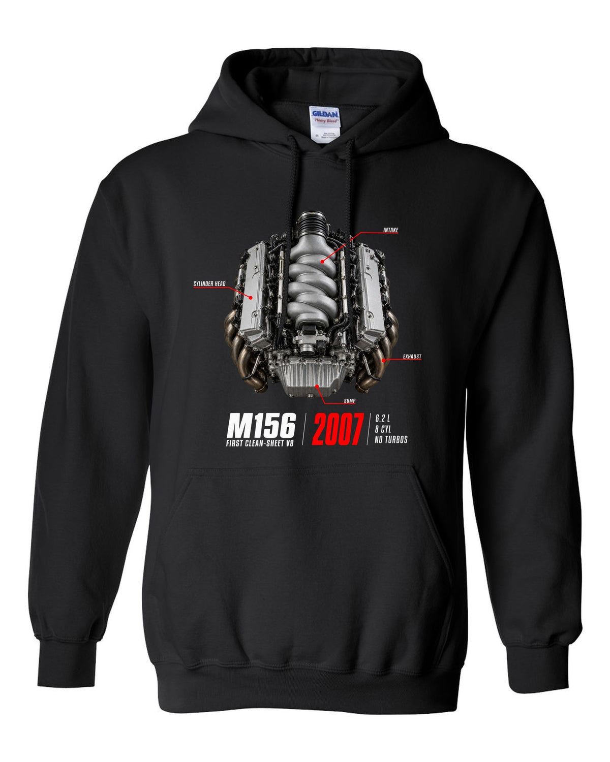 Mercedes C63 AMG W204 M156 V8 engine hero print with first clean-sheet V8 text black pull over hoodie front view with the design